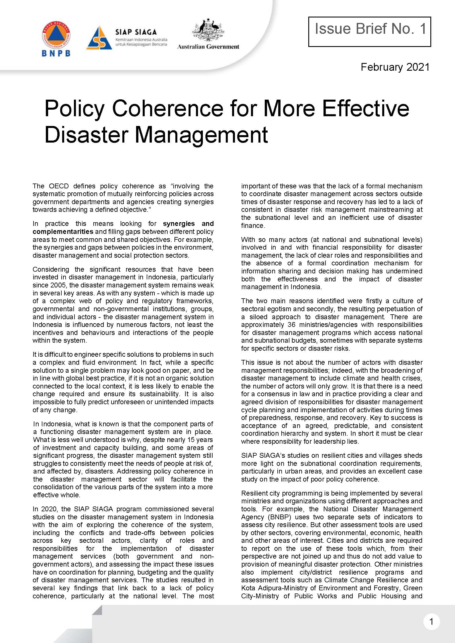 Issue Brief 1 – Policy Coherence for More Effective Disaster Management