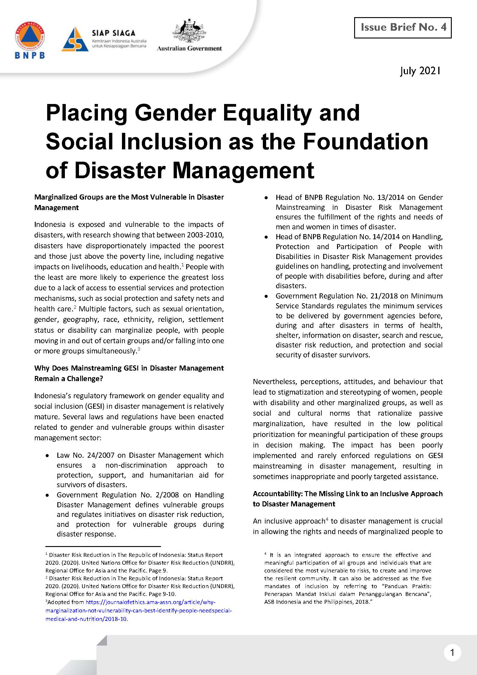 Issue Brief 4 – Placing Gender Equality and Social Inclusion as the Foundation of Disaster Management