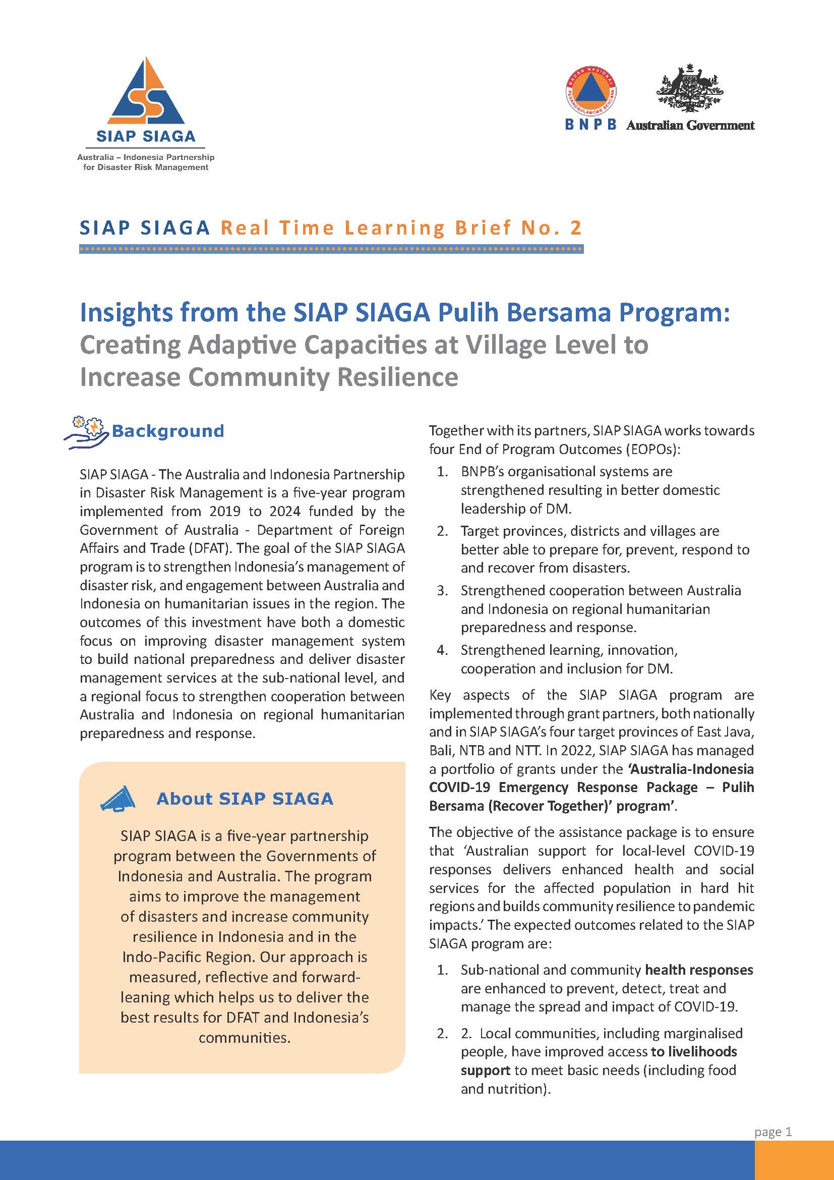 SIAP SIAGA Real Time Learning Brief No 2 – Creating Adaptive Capacities at Village Level – Aug 2022