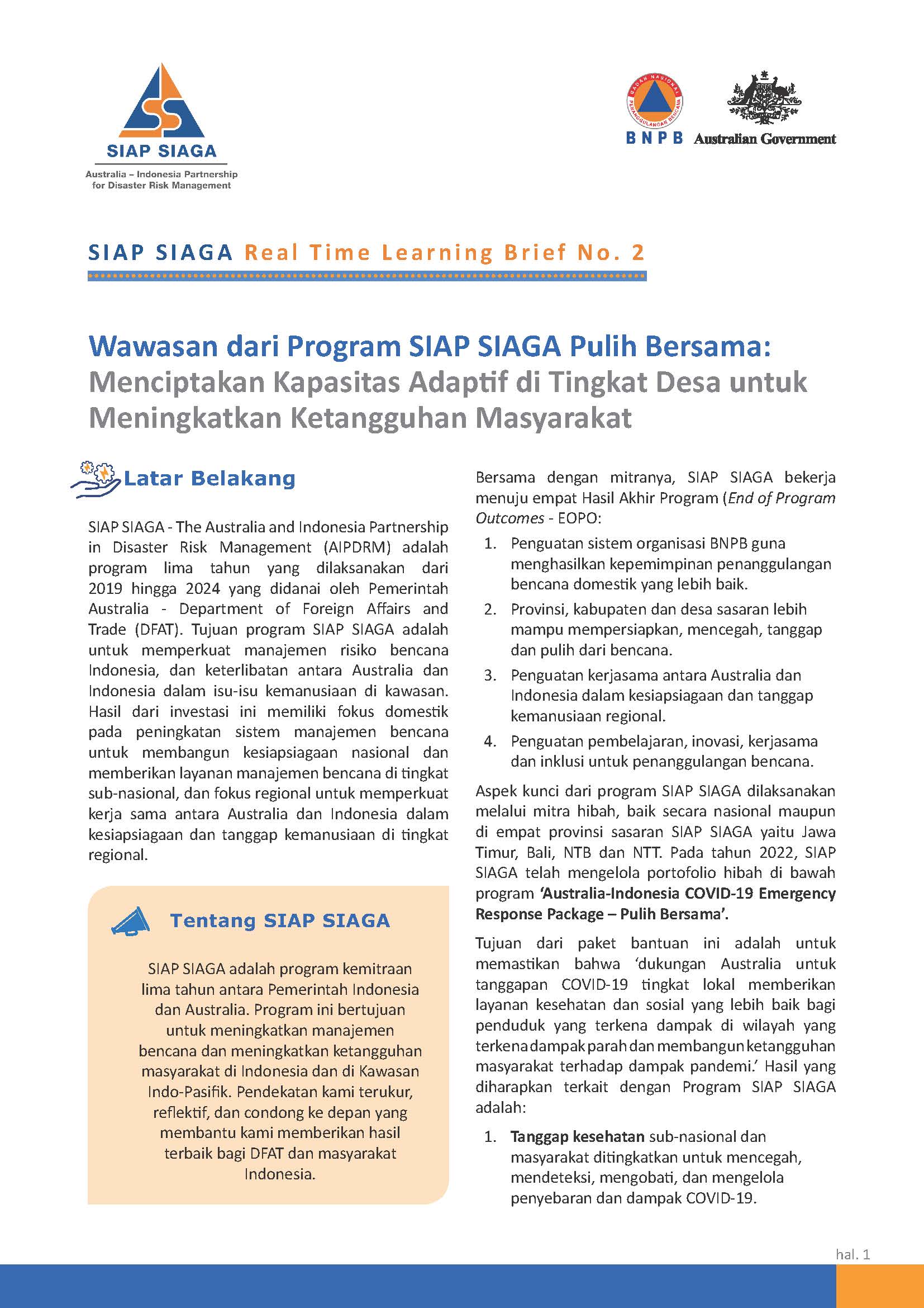 SIAP SIAGA Real Time Learning Brief No 2 – Creating Adaptive Capacities at Village Level – Aug 2022