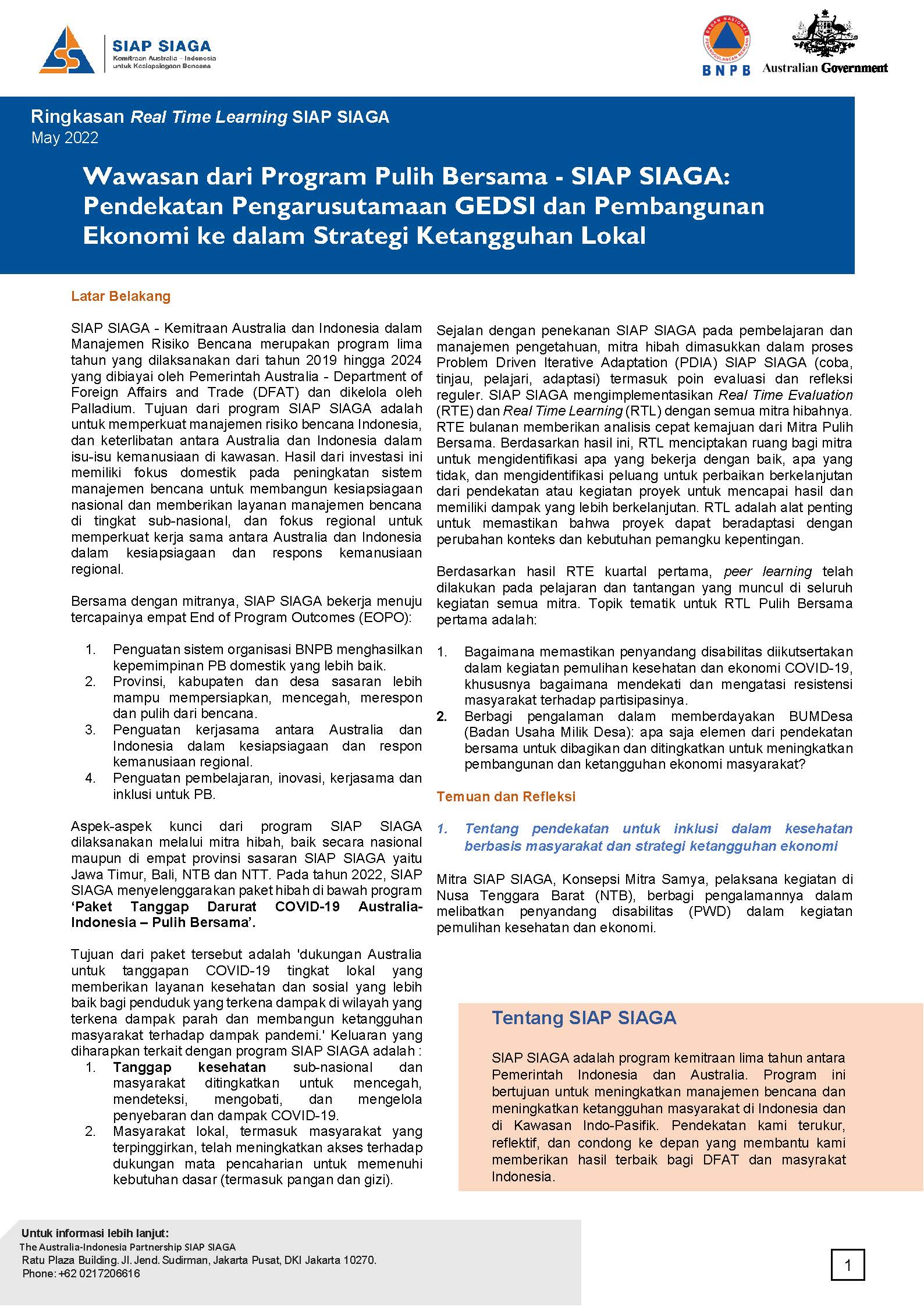 SIAP SIAGA Real Time Learning Brief No. 1 – Pulih Bersama Reflections on Inclusion and Local Economic Development – May 2022