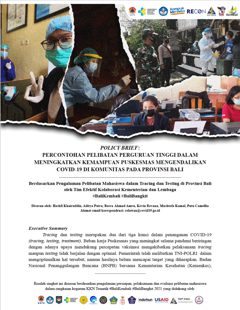 Policy Brief Percontohan Pelibatan Perguruan Tinggi Dalam Meningkatkan Kemampuan Puskesmas Mengendalikan COVID19 di Komunitas Pada Provinsi Bali